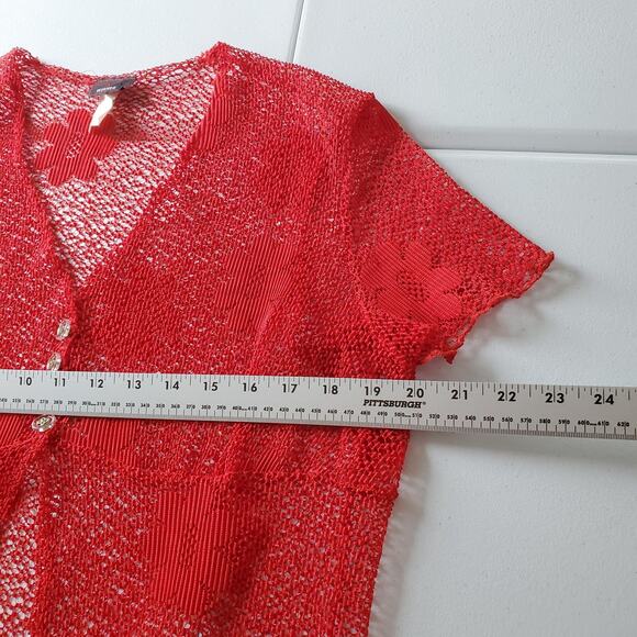 Y2K 90s Whimsigoth Vampire Womens Medium Red Sheer Mesh Short Sleeve - Picture 7 of 8